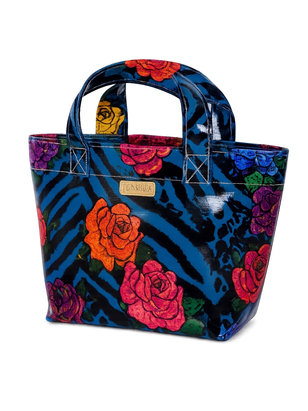 Consuela Floral Zebra Mini Tote in Black with Blue and Multicolor Roses